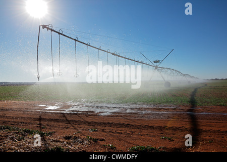 Center pivot crop irrigation system with water sprinklers Stock Photo
