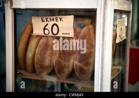 View of a glass container containing bread for sale on the street in Koycegiz, a town near Dalyan in Turkey Stock Photo