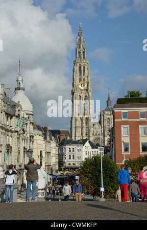 View of cathedral and old town from port, Antwerp, Antwerp Province, The Flemish Region, Belgium Stock Photo