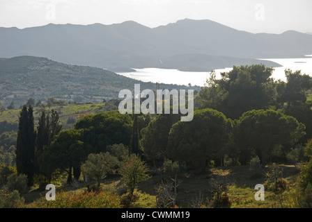 Autumnal scenery with sea view of the Pagasitic gulf (Pelion peninsular, Thessaly, Greece) Stock Photo