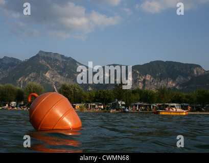 Beach on Lake Levico, at Camping Levico, Trentino, Italy Stock Photo