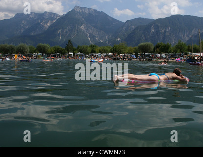 Beach on Lake Levico, at Camping Levico, Trentino, Italy Stock Photo