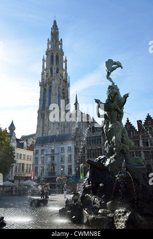 Statue of Brabo and the giant's hand and Antwerp Cathedral, Grote Markt, Antwerp, Antwerp Province, The Flemish Region, Belgium Stock Photo