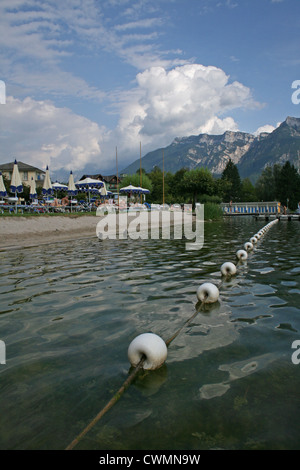 Beach on Lake Levico, at Camping Levico, Trentino, Italy Stock Photo