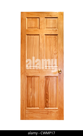 Isolated wooden front door with brass handle on white background Stock Photo