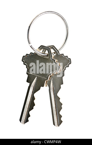 Two house keys on keyring isolated over white background Stock Photo