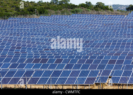 large blue solar panel field in sunny area Stock Photo