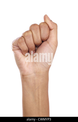 Clenched fist hand closeup against white background Stock Photo