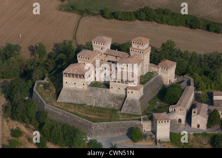 AERIAL VIEW. Torrechiara Castle. Langhirano, Province of Parma, Emilia-Romagna, Italy. Stock Photo