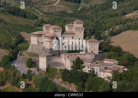 AERIAL VIEW. Torrechiara Castle. Langhirano, Province of Parma, Emilia-Romagna, Italy. Stock Photo
