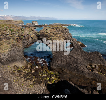 Basalt rock formations, Arnarstapi, Snaefellsnes Peninsula, Iceland Bird Cliffs Stock Photo