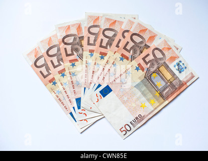 50 euro bills fanned out on a white background Stock Photo