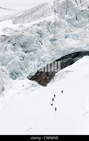 Alpine climbers traveling on a glacier in the Swiss alps Stock Photo