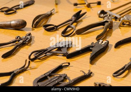 Collection of vintage engineering hand tools including pliers, shears and hole punches Stock Photo