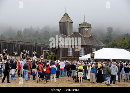 Russian Orthodox Church Bicentennial Celebration at Fort Ross State Historic Park in California. Holy Trinity Chapel. Stock Photo