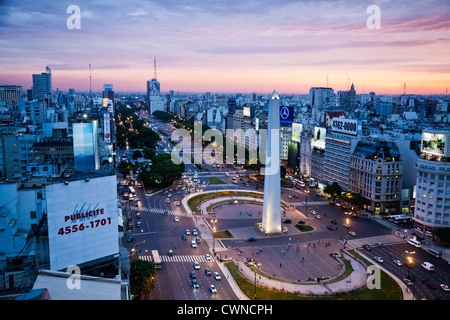 View over Avenida 9 Julio and the obelisk in Plaza Republica, Buenos Aires, Argentina. Stock Photo