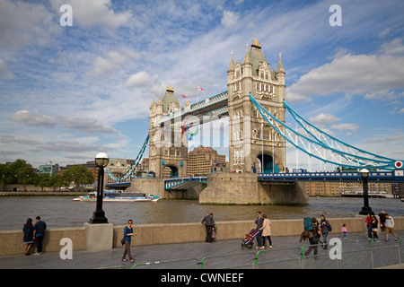 Tower Bridge in London which crosses the River Thames it has the Paralympic symbol on the top during the games 2012 Stock Photo