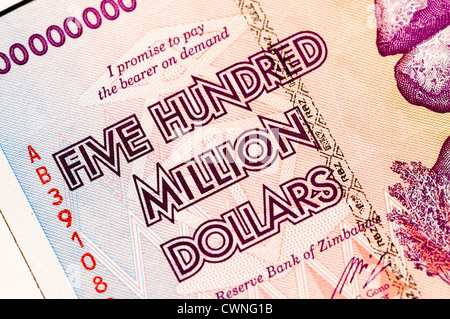 Five hundred million dollar (500,000,000 dollars) bank note from Bank of Zimbabwe, 2009, as a result of hyperinflation Stock Photo