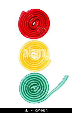 Colorful jelly candies, jelly gums, colored liquorice snail, rolled licorice Stock Photo