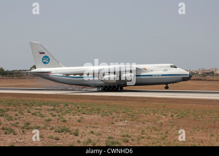 Antonov An-124 Ruslan heavy cargo jet of the Russian Air Force touching down on arrival in Malta Stock Photo