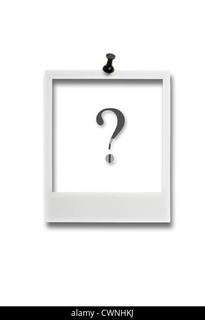 Empty polaroid frame with question mark and pin, isolated on 100% white background Stock Photo