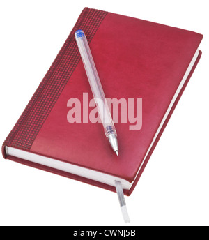 red brown leather note book with old blue pen isolated on white background Stock Photo