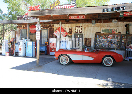 Chevrolet Corvette 1957 in gas station, on the U.S. historic Route 66 between Seligman and Kingman, Arizona, USA Stock Photo