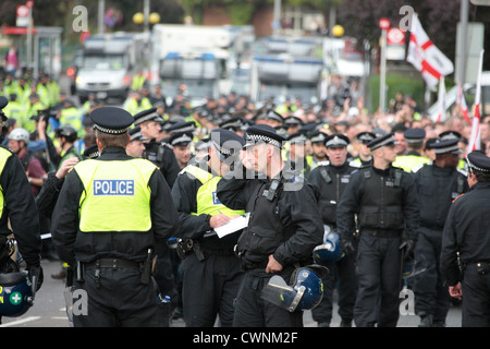 Hundreds of police involved in policing a rally by EDL and counter demonstration by UAF in Walthamstow. Stock Photo