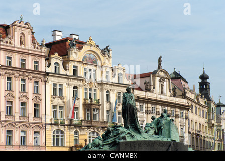 Prague - Jan Hus monument in Old Town Square - Staromestske namesti Stock Photo