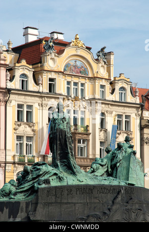 Prague - Jan Hus monument in Old Town Square - Staromestske namesti Stock Photo