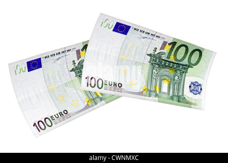 Two 100 Euro banknotes, 200 Euro, isolated on 100% white background Stock Photo