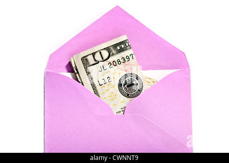 Envelope with a ten-dollar bill, money gift, isolated on 100% white background Stock Photo