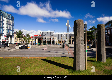 Ingólfstorg square, Reykjavik, Iceland, where geothermal energy is released through billowing steam vents Stock Photo