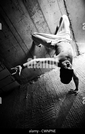 Young man break dancing. Black and white. Stock Photo