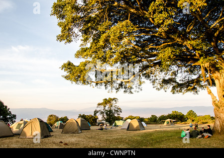 NGORONGORO CRATER, Tanzania — The Simba Campsite is a public camping ground on the rim of the Ngorongoro Crater in the Ngorongoro Conservation Area, part of Tanzania's northern circuit of national parks and nature preserves. Stock Photo