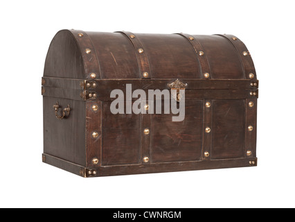 Old Treasure chest 3/4 view isolated on white background Stock Photo