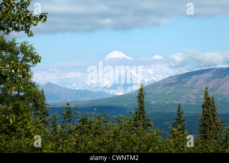 Breathtaking photo of Mount McKinley, Alaska showing the highest snow capped peak rising above the clouds on a summer day. Stock Photo