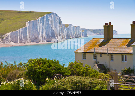 The Seven Sisters  cliffs and coastguard cottages, near Newhaven England. Stock Photo