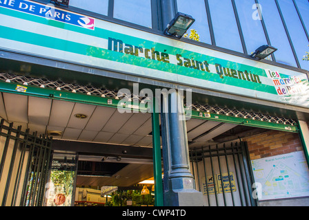 Paris, France, Shopping in French 'Farmer's Market', Covered Hall, 'Marché Saint Quetin' Front Entrance Sign Stock Photo