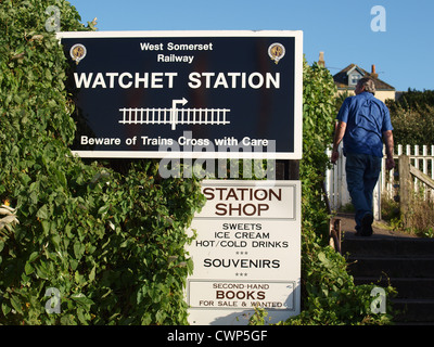 Signs by railway crossing. Watchet. West Somerset Steam Railway. UK Stock Photo