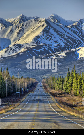 View of highway and mountains, Steese Highway, Alaska, U.S.A. may Stock Photo