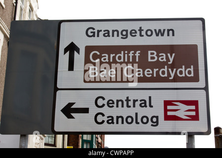 Roadsign for Grangetown, Cardiff Bay and Cardiff Central Station Stock Photo