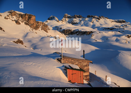Sunset at Legler-hut in Glarner Alps in Switzerland Stock Photo