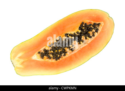 A ripe maradol red papaya that has been sliced in half showing the seed cluster in the center on a white background. Stock Photo