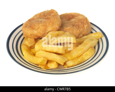 Traditional British Fish And Chip Shop Bought Takeaway Battered Fish Cakes And Chips, Isolated Against A White Background, With A Clipping Path Stock Photo