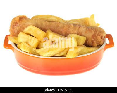 Traditional Fish N' Chip Shop Bought Takeaway Battered Sausage And Chips, Isolated Against A White Background, With A Clipping Path And No People Stock Photo