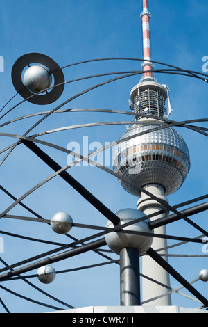 View of Television Tower through world clock at Alexanderplatz in Berlin Germany Stock Photo