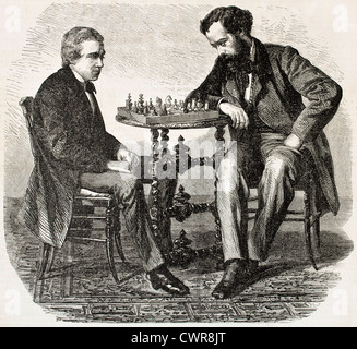 American chess player Paul Morphy (1837-1884) playing blind eight