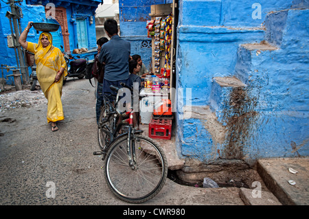 Typical street scene in the blue streets of the old town. Jodhpur, Rajasthan, India Stock Photo