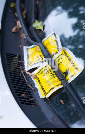 Two parking tickets attached to a car window in London UK. The car seems to have been there for some time. Stock Photo